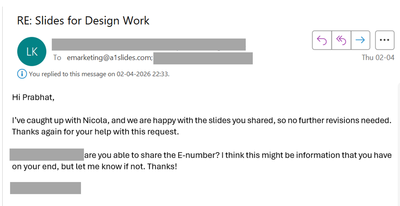 Email testimonial confirming A1 Slides delivered approved life sciences consultancy slides with no further revisions needed